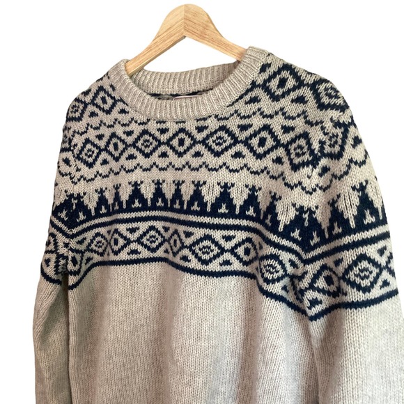 J. Crew Wallace & Barnes Fair Isle Sweater Medium Blue 100% Wool Grandpa Nordic - Picture 3 of 9